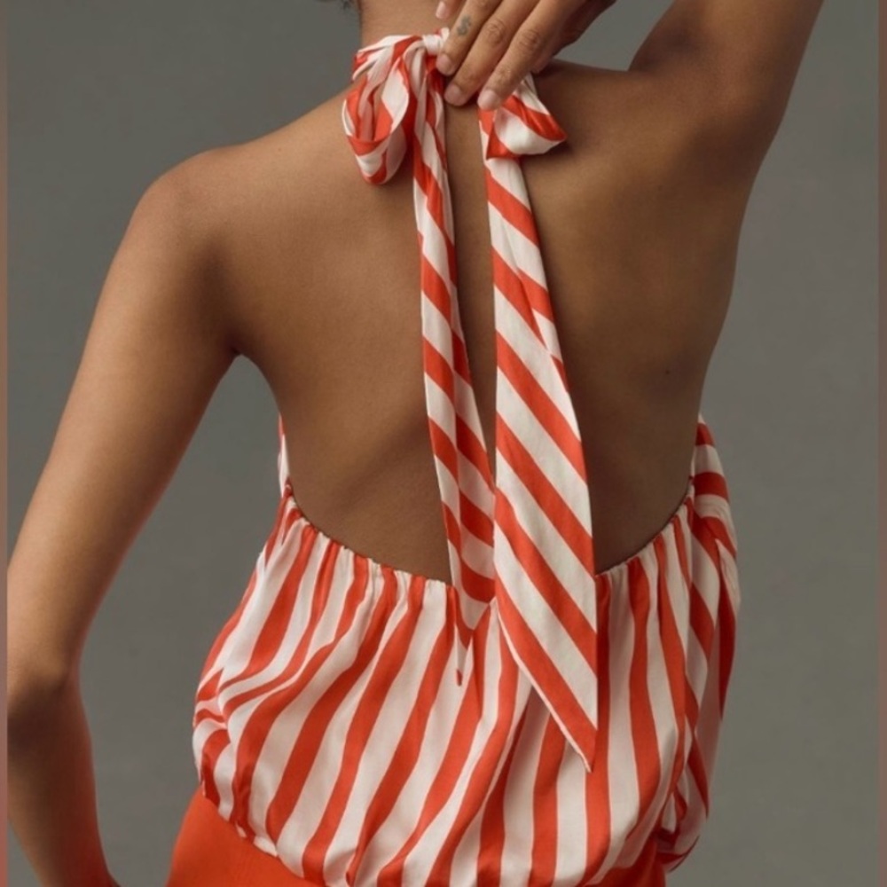 🟤NWT MAEVE by ANTHROPOLOGIE Halter Scarf Bubble-Hem Tank in Red Motif LG - Picture 4 of 4